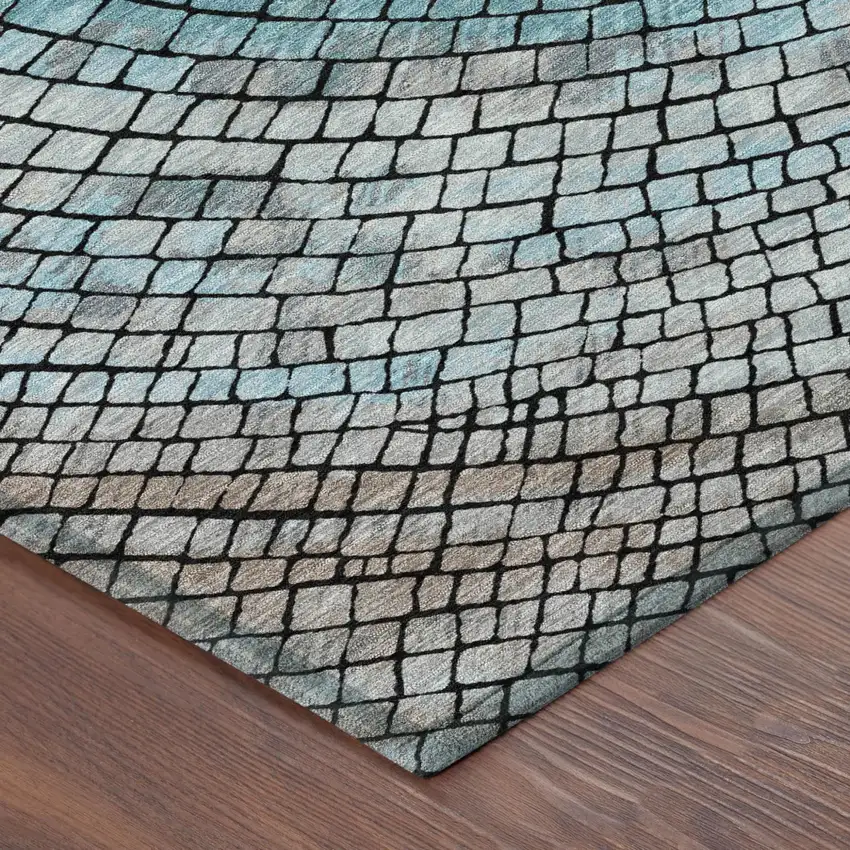 Teal Blue And Gray Geometric Washable Indoor Outdoor Area Rug Photo 5
