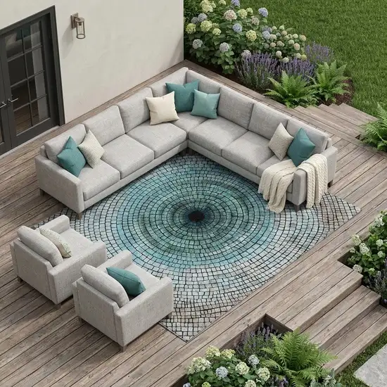 Teal Blue And Gray Geometric Washable Indoor Outdoor Area Rug Photo 1