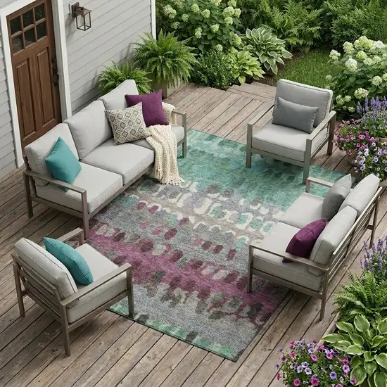 Teal Blue And Gray Geometric Washable Indoor Outdoor Area Rug Photo 1