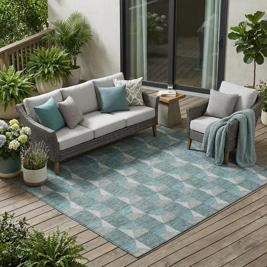 Teal Blue And Gray Geometric Washable Indoor Outdoor Area Rug Photo 1