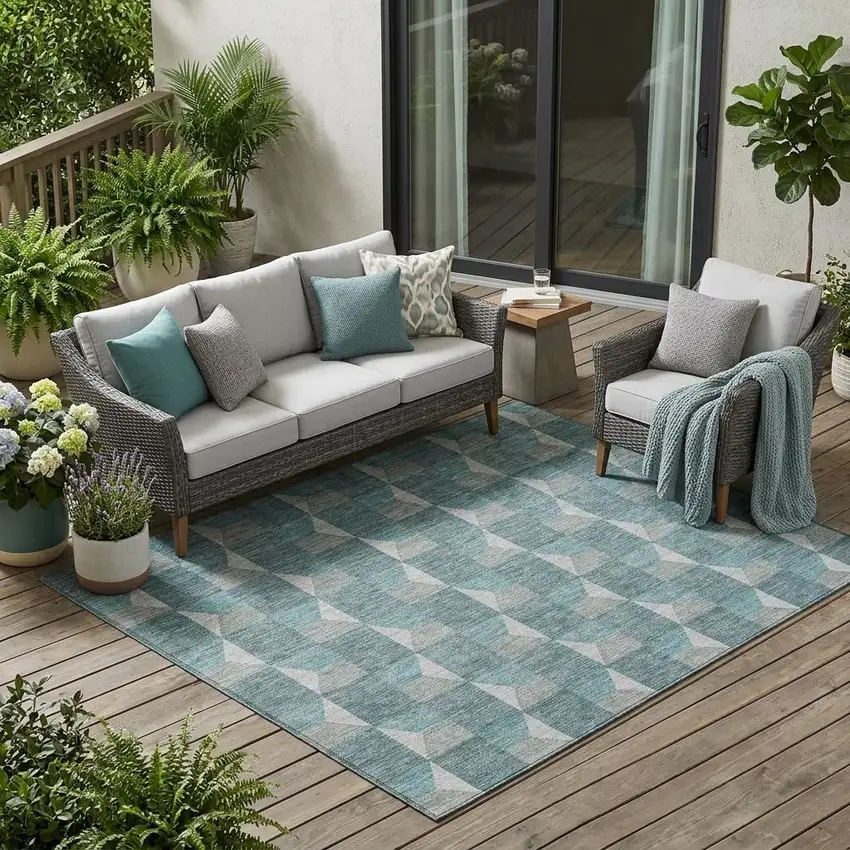 Teal Blue And Gray Geometric Washable Indoor Outdoor Area Rug Photo 1