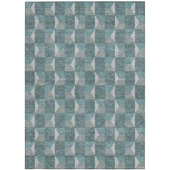 Teal Blue And Gray Geometric Washable Indoor Outdoor Area Rug Photo 3