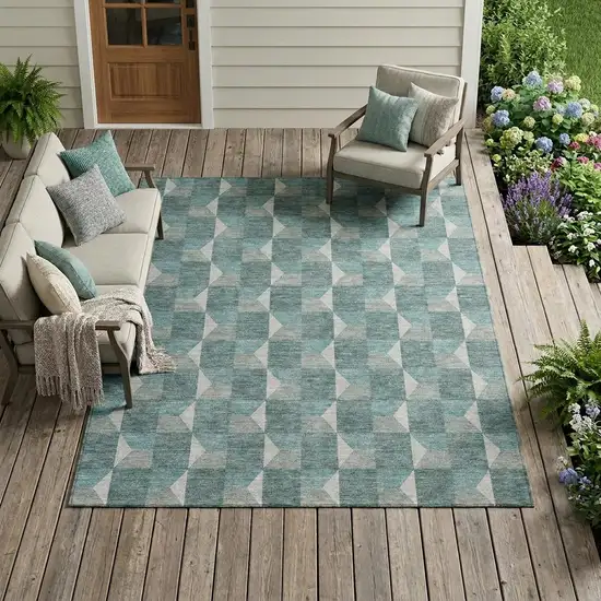Teal Blue And Gray Geometric Washable Indoor Outdoor Area Rug Photo 1