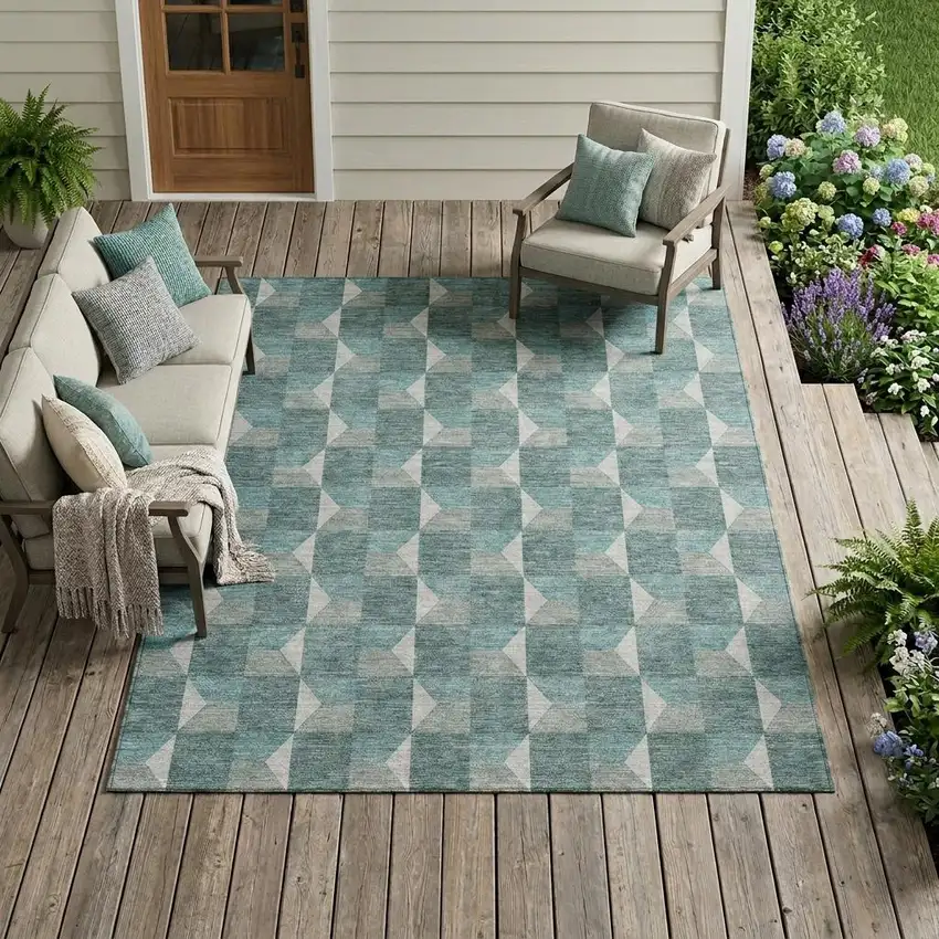 Teal Blue And Gray Geometric Washable Indoor Outdoor Area Rug Photo 1