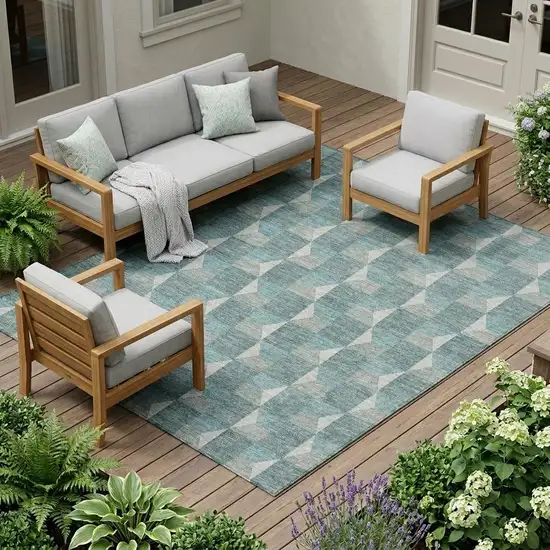 Teal Blue And Gray Geometric Washable Indoor Outdoor Area Rug Photo 1