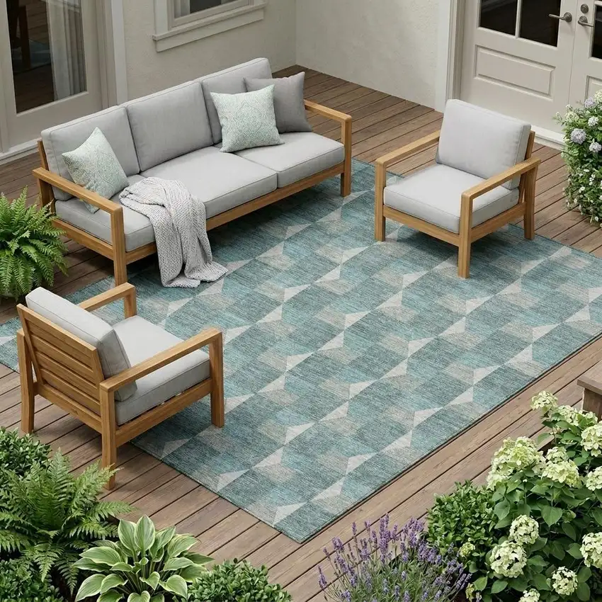 Teal Blue And Gray Geometric Washable Indoor Outdoor Area Rug Photo 1