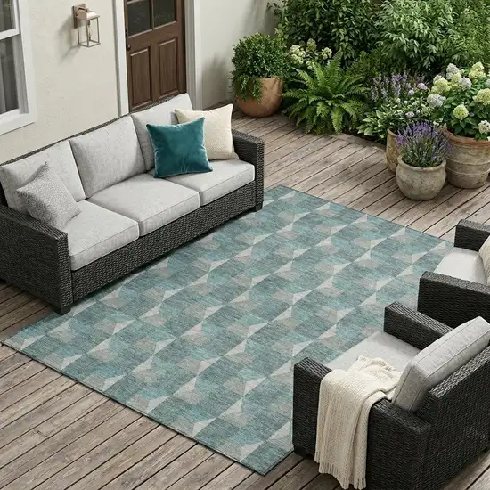 Teal Blue And Gray Geometric Washable Indoor Outdoor Area Rug Photo 1