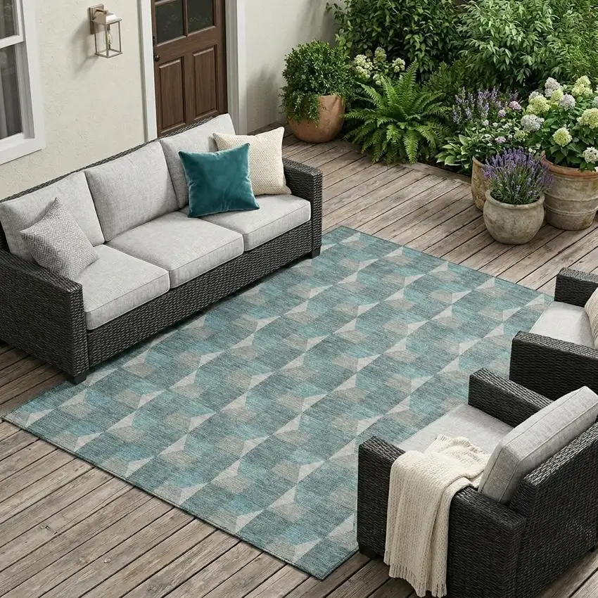 Teal Blue And Gray Geometric Washable Indoor Outdoor Area Rug Photo 1