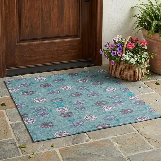 Teal Blue And Gray Geometric Washable Indoor Outdoor Area Rug Photo 1