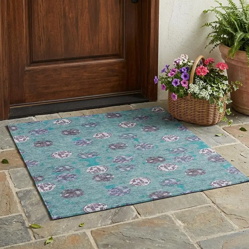 Teal Blue And Gray Geometric Washable Indoor Outdoor Area Rug Photo 1