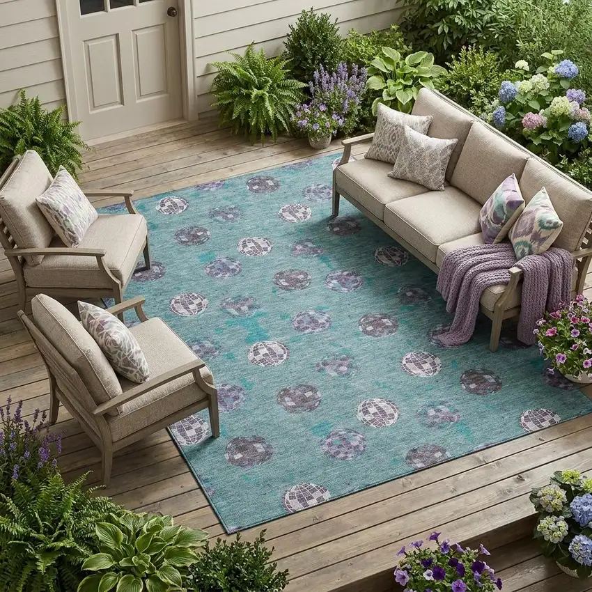 Teal Blue And Gray Geometric Washable Indoor Outdoor Area Rug Photo 1