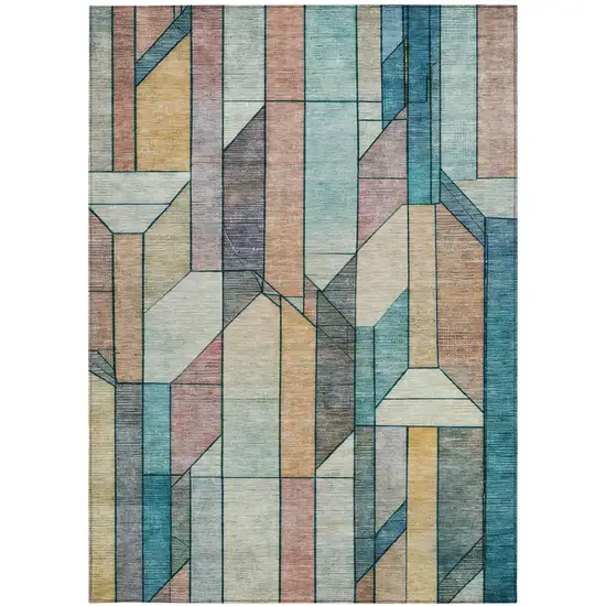 Teal Blue And Gray Geometric Washable Indoor Outdoor Area Rug Photo 2