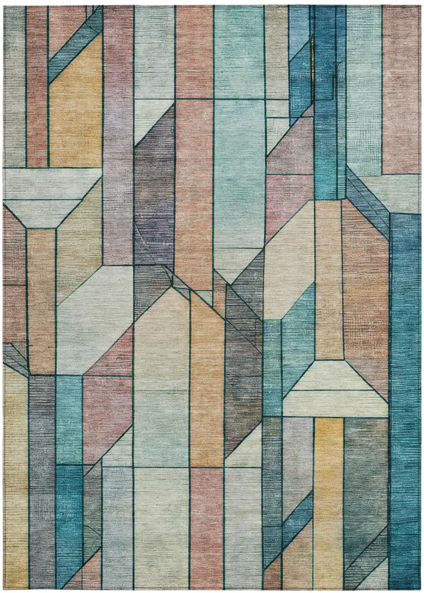Teal Blue And Gray Geometric Washable Indoor Outdoor Area Rug Photo 2