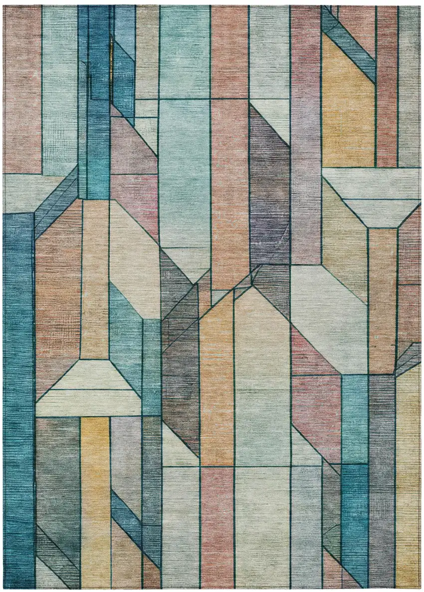 Teal Blue And Gray Geometric Washable Indoor Outdoor Area Rug Photo 3