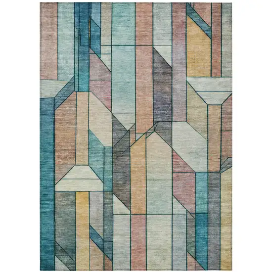 Teal Blue And Gray Geometric Washable Indoor Outdoor Area Rug Photo 3