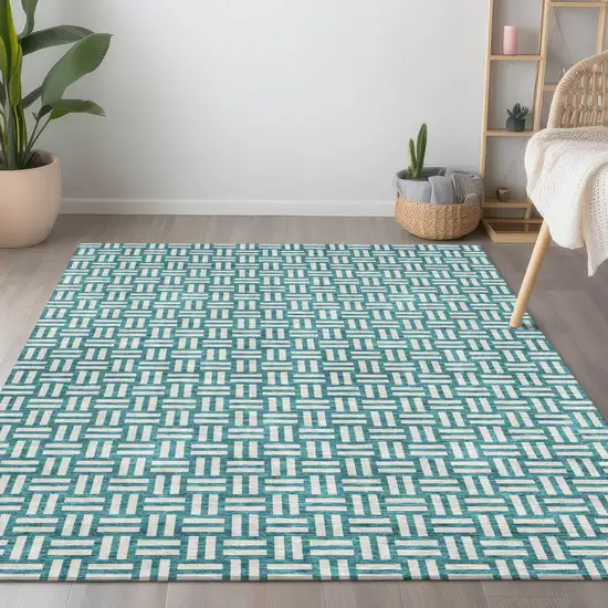 Teal Blue And Gray Geometric Washable Indoor Outdoor Area Rug Photo 9