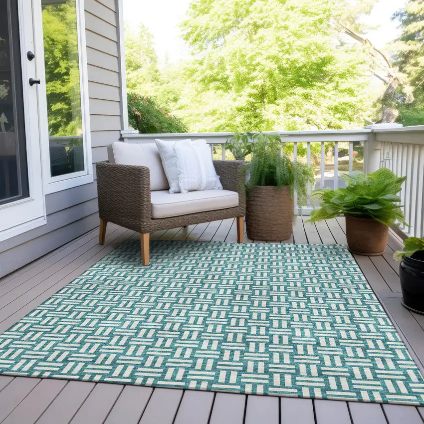Teal Blue And Gray Geometric Washable Indoor Outdoor Area Rug Photo 8