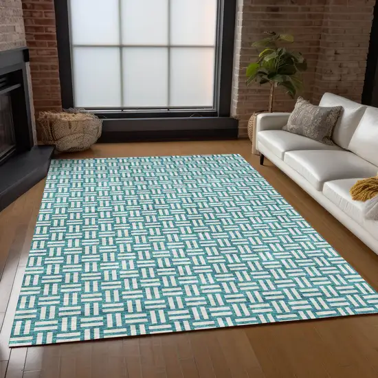 Teal Blue And Gray Geometric Washable Indoor Outdoor Area Rug Photo 9