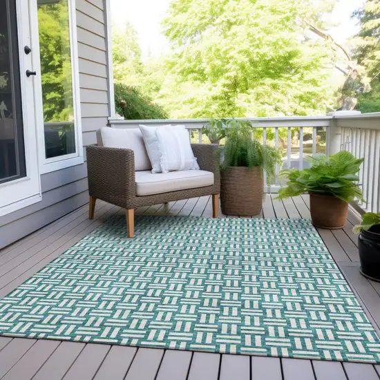 Teal Blue And Gray Geometric Washable Indoor Outdoor Area Rug Photo 8
