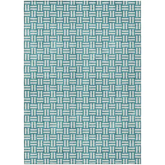 Teal Blue And Gray Geometric Washable Indoor Outdoor Area Rug Photo 2
