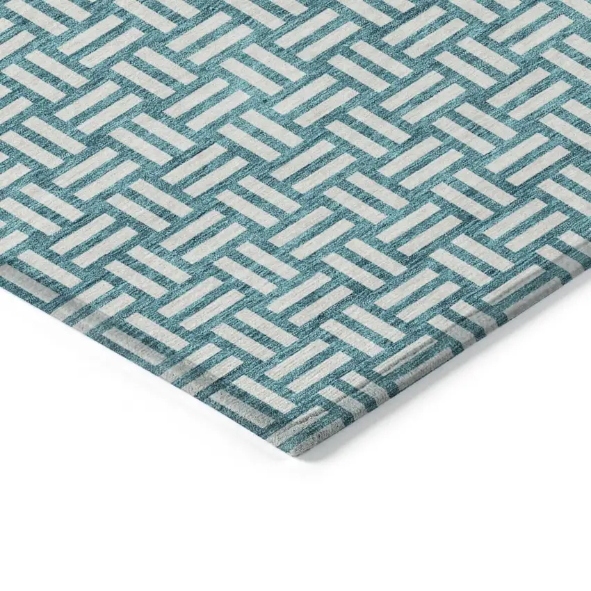 Teal Blue And Gray Geometric Washable Indoor Outdoor Area Rug Photo 5