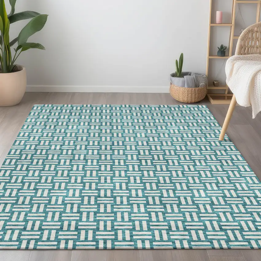 Teal Blue And Gray Geometric Washable Indoor Outdoor Area Rug Photo 9
