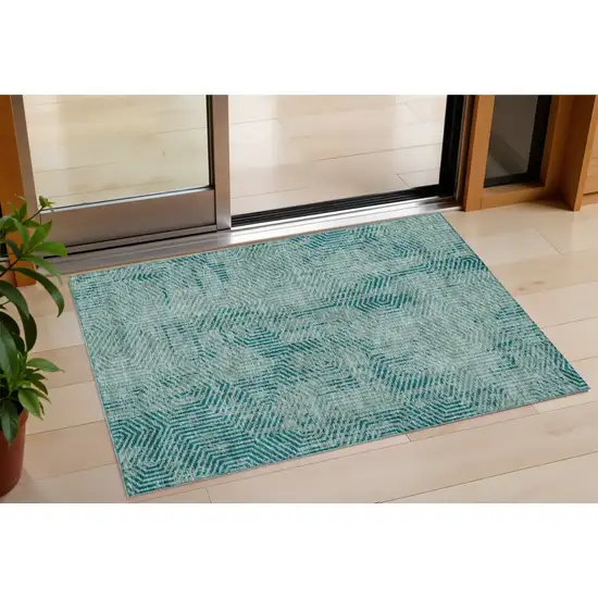 Teal Blue And Gray Geometric Washable Indoor Outdoor Area Rug Photo 1
