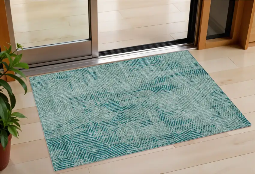 Teal Blue And Gray Geometric Washable Indoor Outdoor Area Rug Photo 1