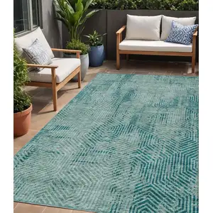 Photo of Teal Blue And Gray Geometric Washable Indoor Outdoor Area Rug