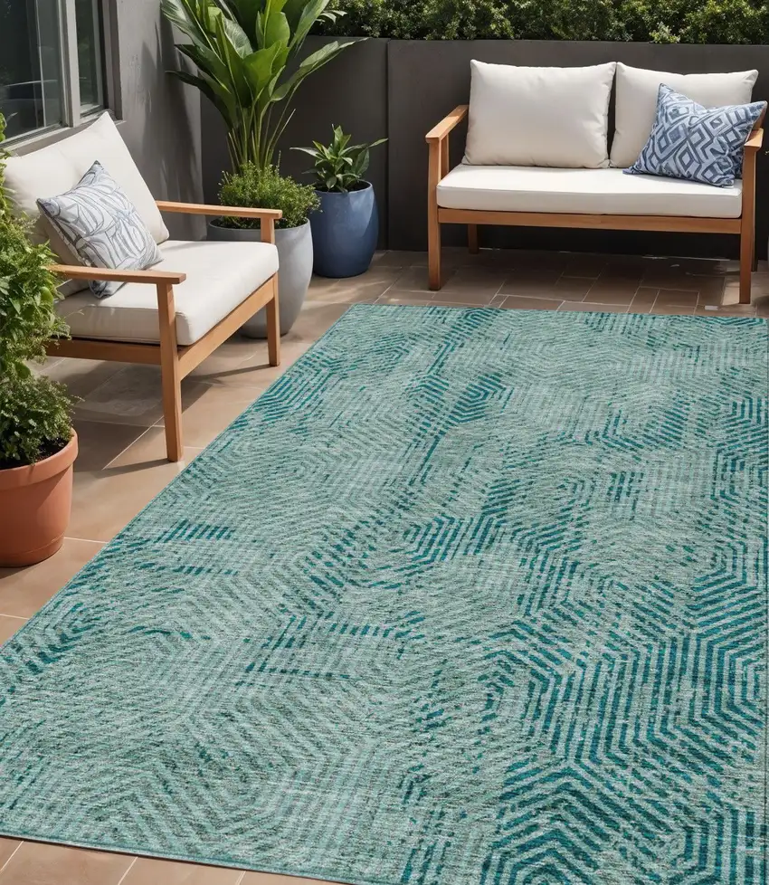 Teal Blue And Gray Geometric Washable Indoor Outdoor Area Rug Photo 1