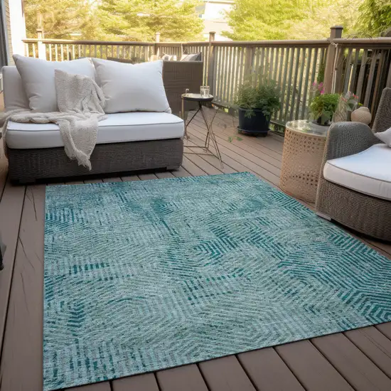 Teal Blue And Gray Geometric Washable Indoor Outdoor Area Rug Photo 9
