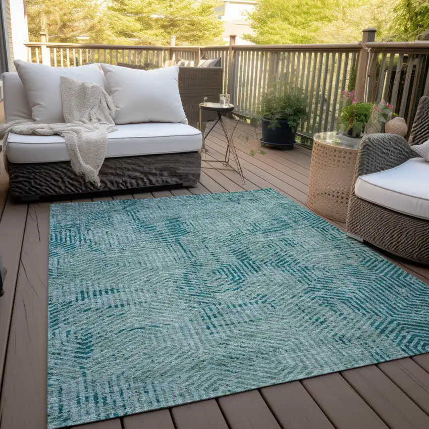 Teal Blue And Gray Geometric Washable Indoor Outdoor Area Rug Photo 9
