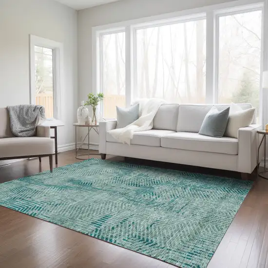 Teal Blue And Gray Geometric Washable Indoor Outdoor Area Rug Photo 9