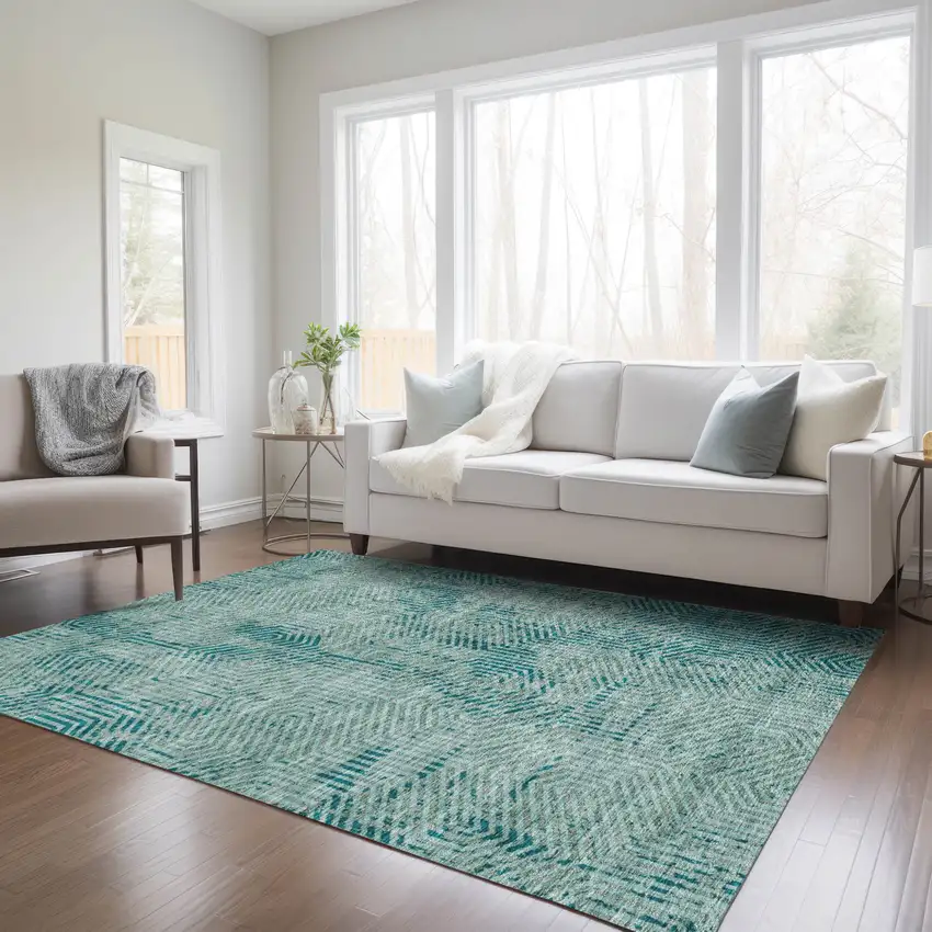 Teal Blue And Gray Geometric Washable Indoor Outdoor Area Rug Photo 9