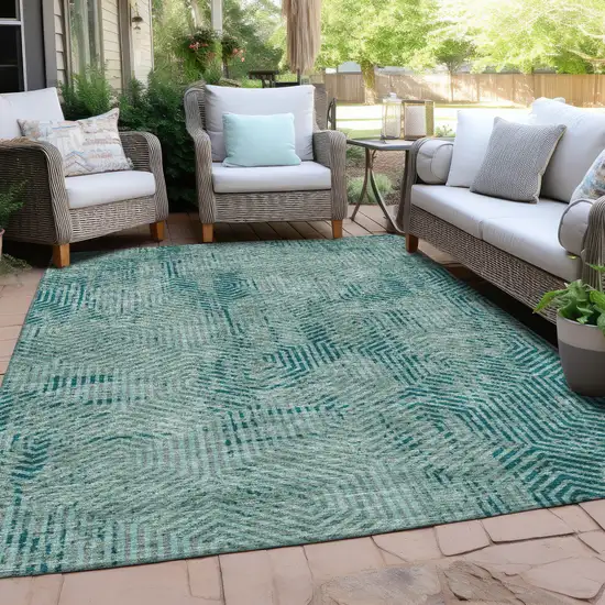 Teal Blue And Gray Geometric Washable Indoor Outdoor Area Rug Photo 8