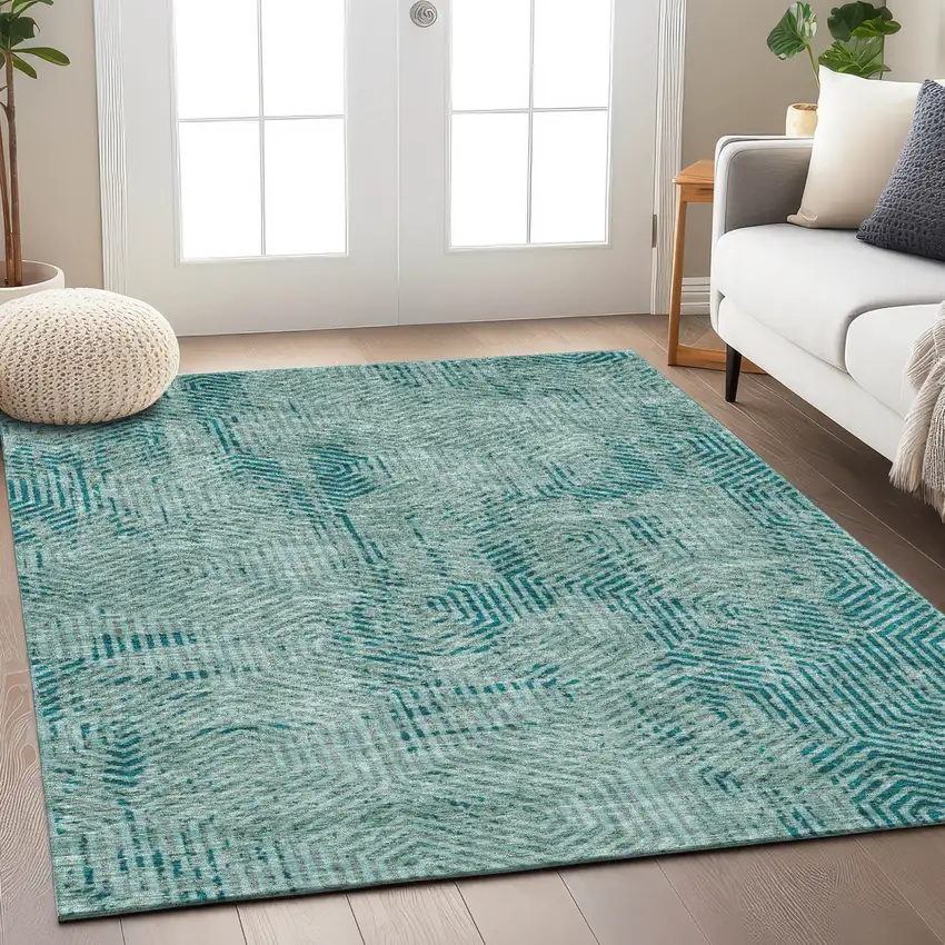 Teal Blue And Gray Geometric Washable Indoor Outdoor Area Rug Photo 9