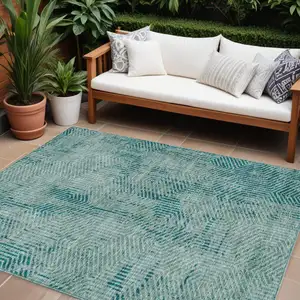 Photo of Teal Blue And Gray Geometric Washable Indoor Outdoor Area Rug