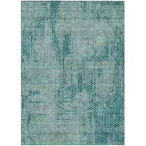 Photo of Teal Blue And Gray Geometric Washable Indoor Outdoor Area Rug