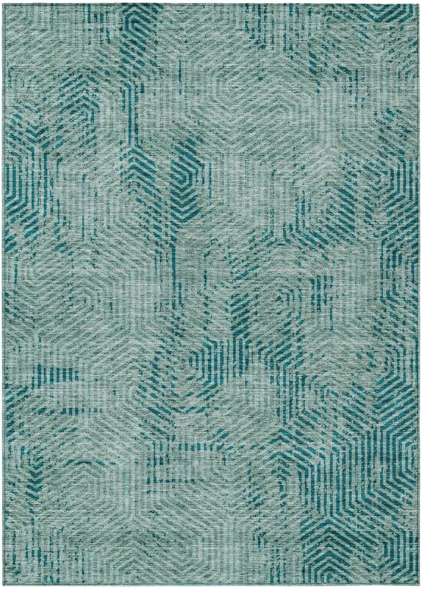 Teal Blue And Gray Geometric Washable Indoor Outdoor Area Rug Photo 2