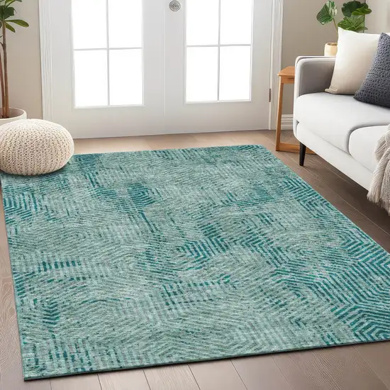 Teal Blue And Gray Geometric Washable Indoor Outdoor Area Rug Photo 9