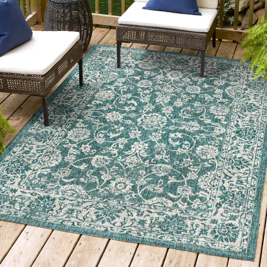 Teal Blue And Gray Medallion Indoor Outdoor Area Rug Photo 9