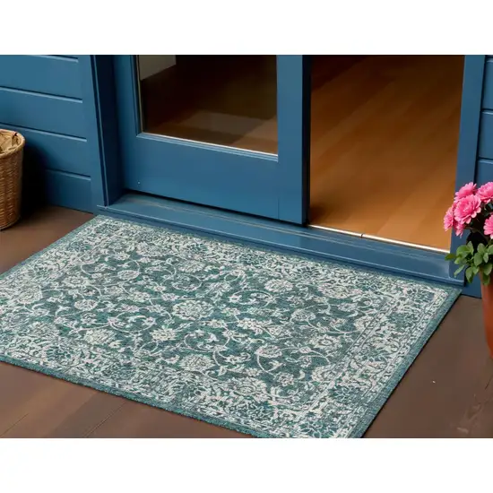 Teal Blue And Gray Medallion Indoor Outdoor Area Rug Photo 1