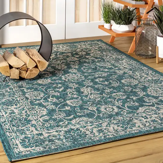 Teal Blue And Gray Medallion Indoor Outdoor Area Rug Photo 5