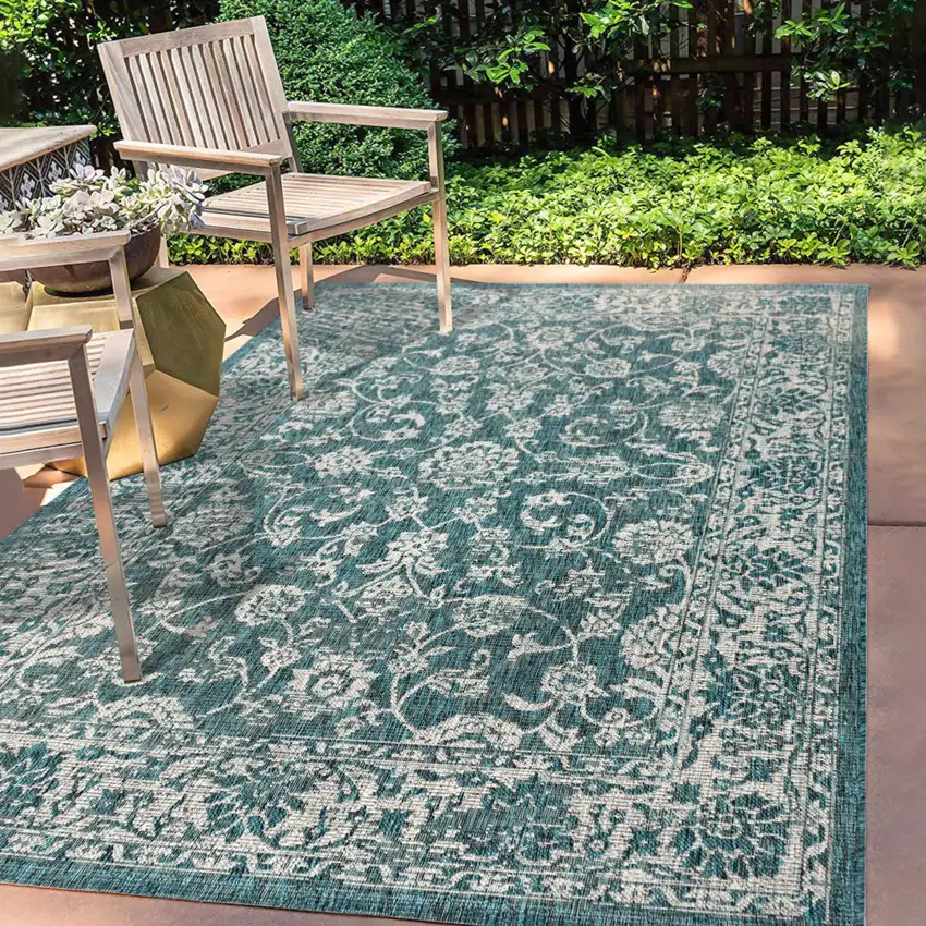 Teal Blue And Gray Medallion Indoor Outdoor Area Rug Photo 8
