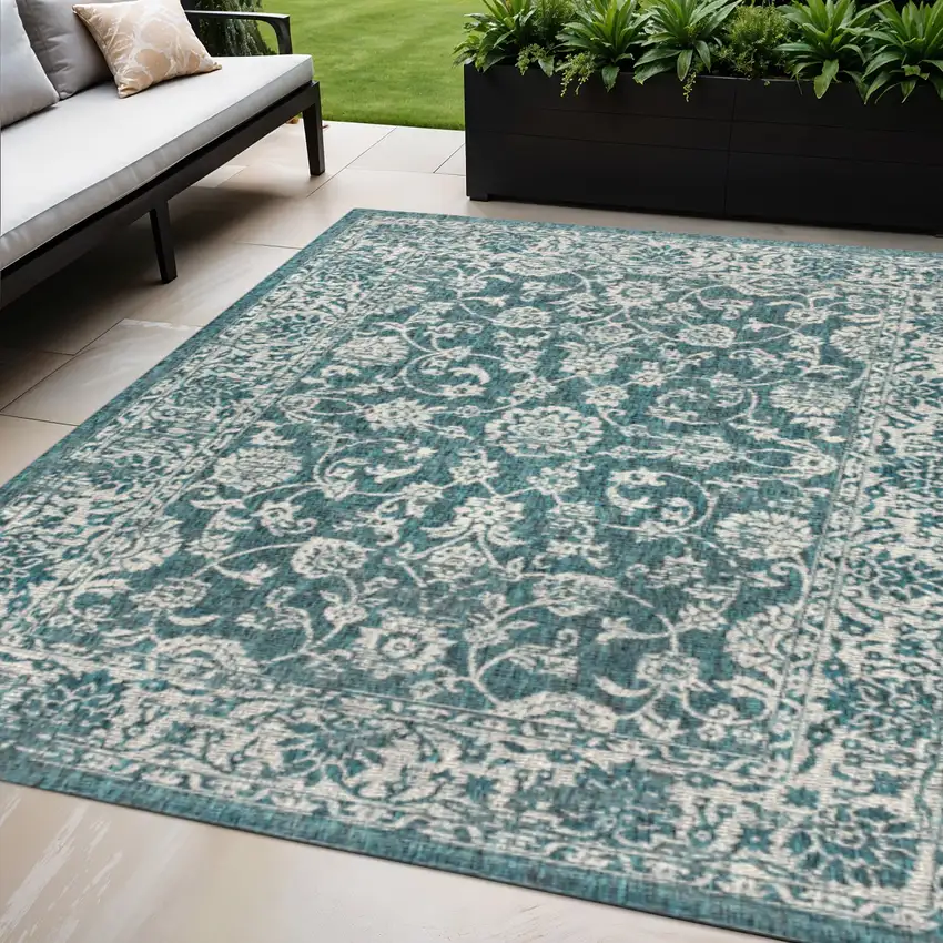 Teal Blue And Gray Medallion Indoor Outdoor Area Rug Photo 1