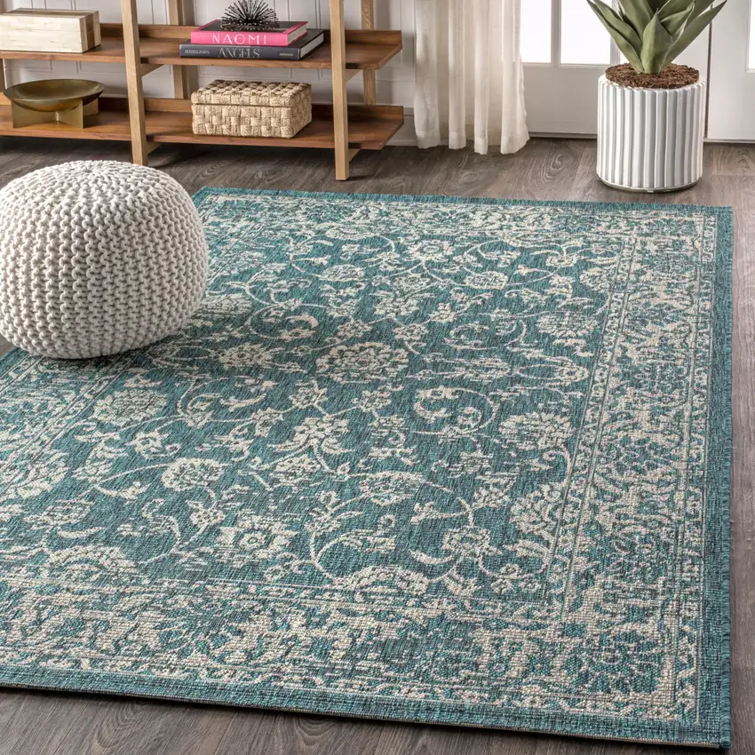 Teal Blue And Gray Medallion Indoor Outdoor Area Rug Photo 6