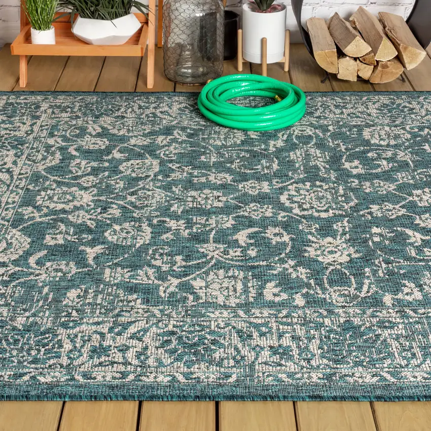 Teal Blue And Gray Medallion Indoor Outdoor Area Rug Photo 7