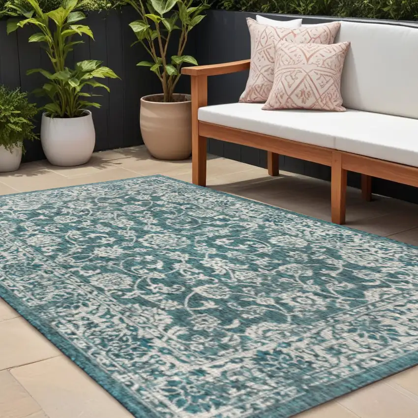 Teal Blue And Gray Medallion Indoor Outdoor Area Rug Photo 1