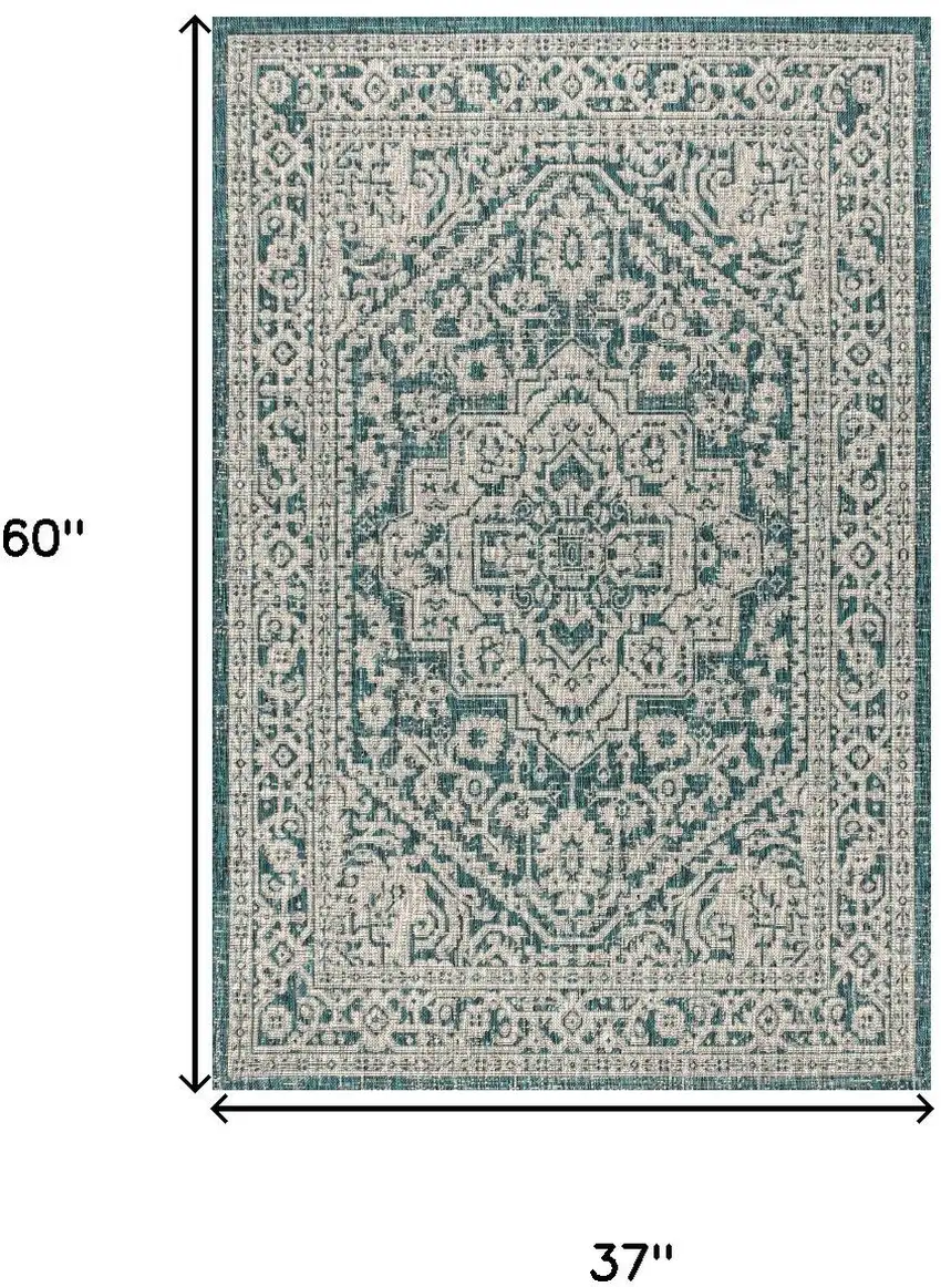 Teal Blue And Gray Medallion Indoor Outdoor Area Rug Photo 5
