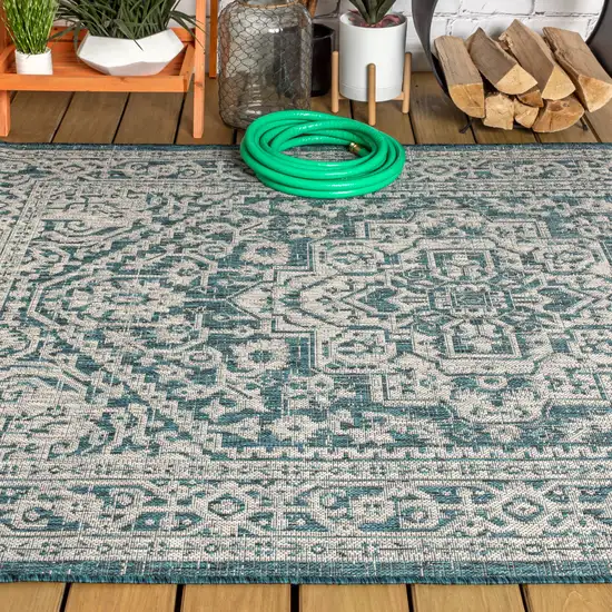 Teal Blue And Gray Medallion Indoor Outdoor Area Rug Photo 7